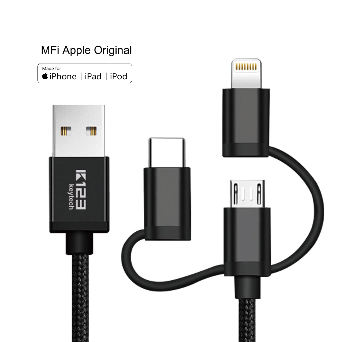 KAL009 Nylon Braided 3 in 1 USB Cable Fast Charger for iPhone Android Mico Multi Use High Speed